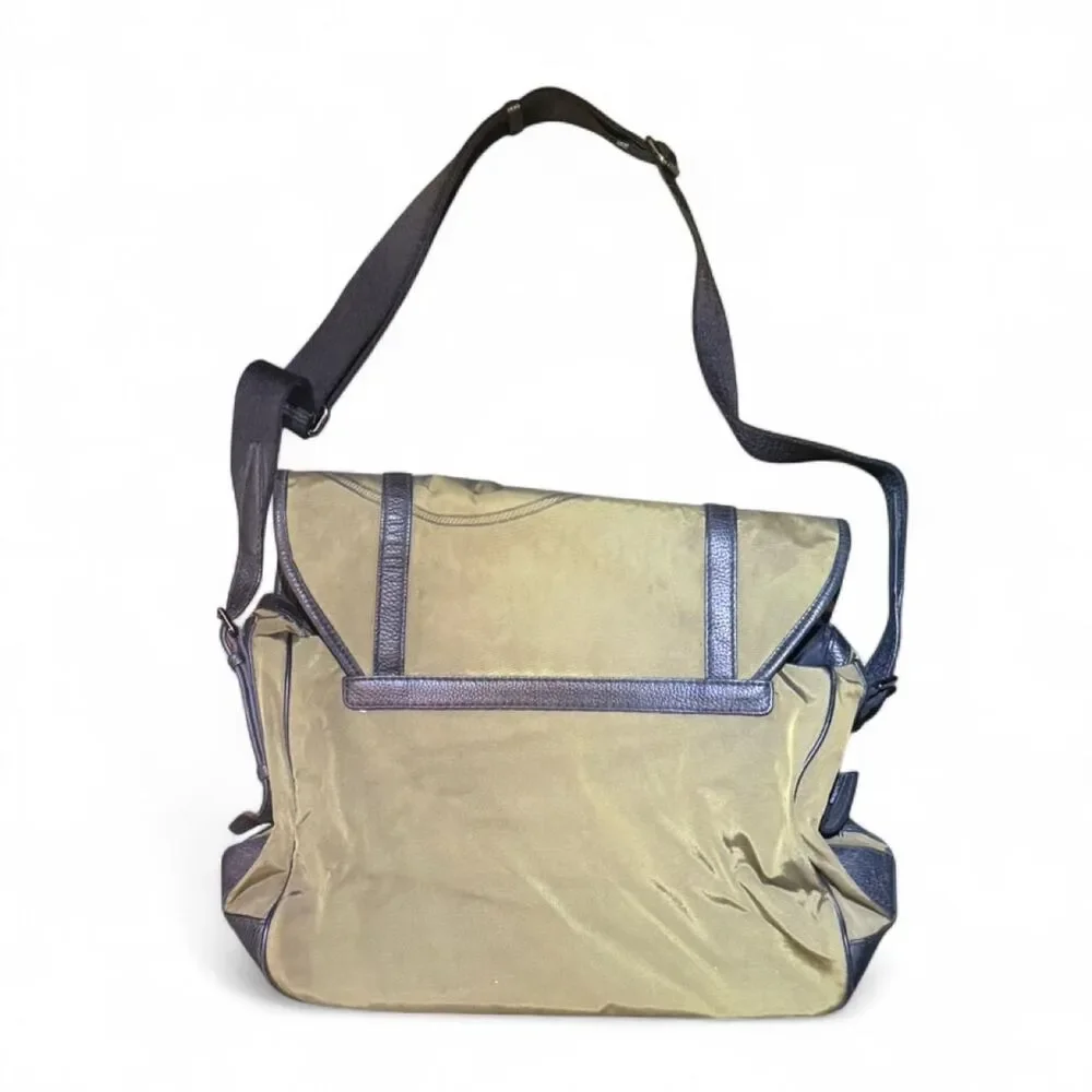 Burberry Logo Messenger Bag Olive Nylon Black Leather Trim Crossbody 17x14